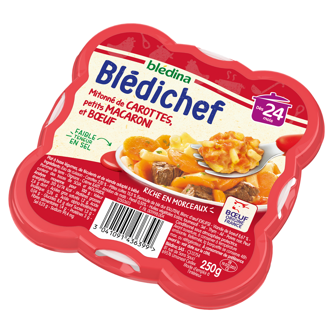 Blédina-Bledichef-Carrot Macaroni Beef-24m+-250 g