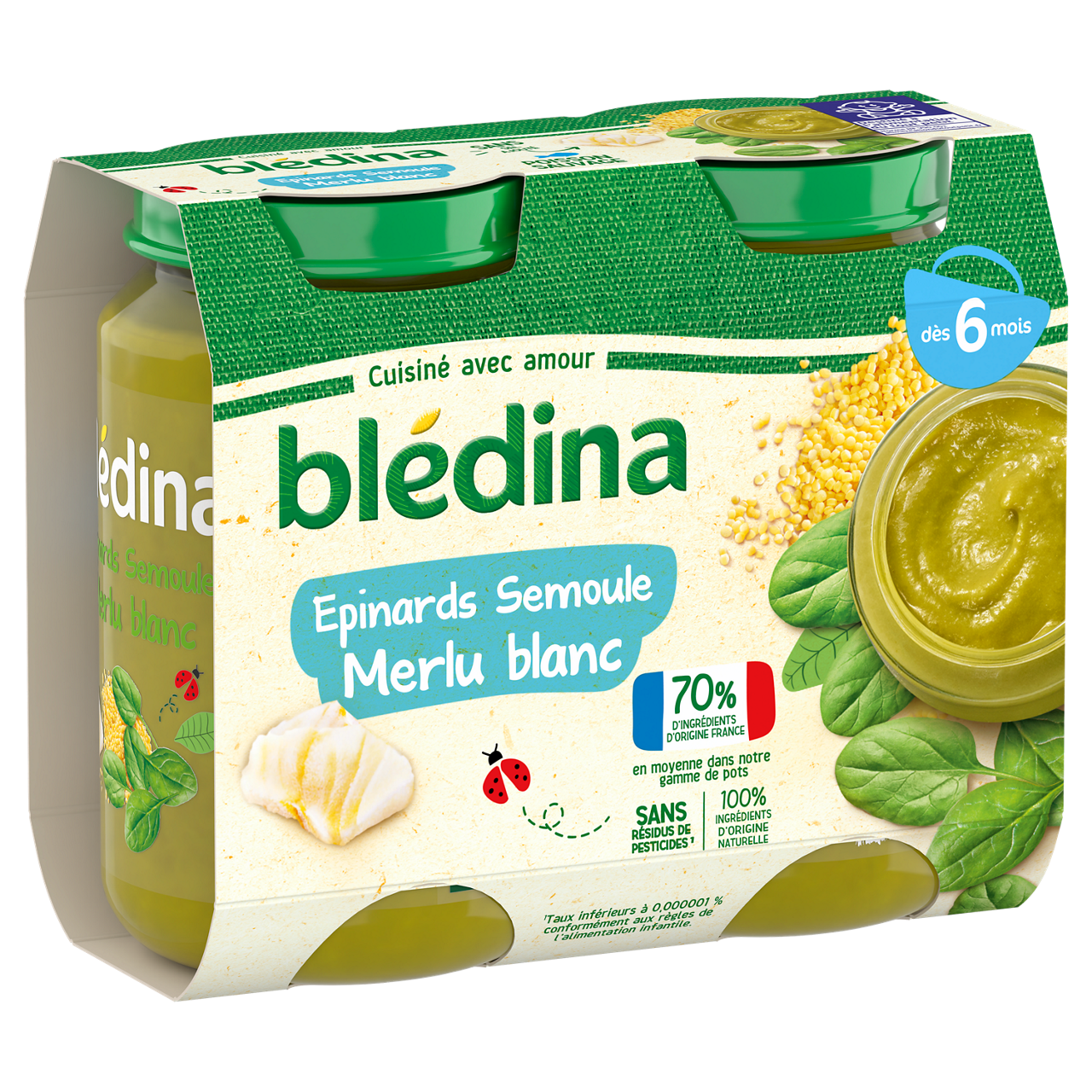 Blédina-Bledina-Spinach Semolina Hake-6m+-2 x 200 g