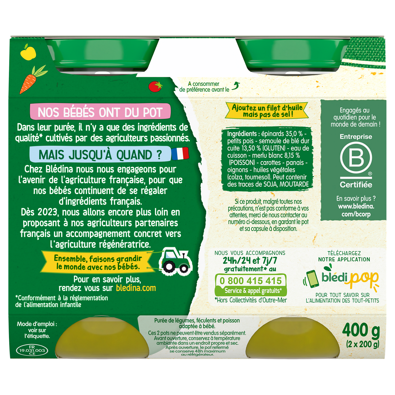 Blédina-Bledina-Spinach Semolina Hake-6m+-2 x 200 g