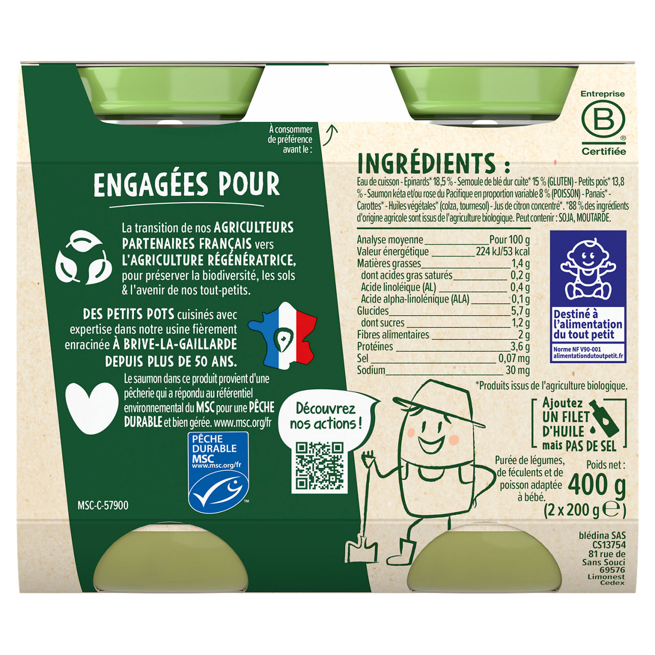 Blédina-Les récoltes bio-Spinach Salmon-6m+-400 g