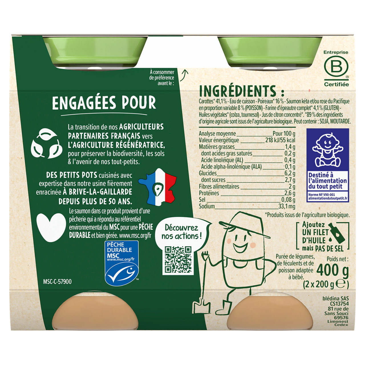Blédina-Les récoltes bio-Carrot Leek Spelt Salmon-6m+-400 g