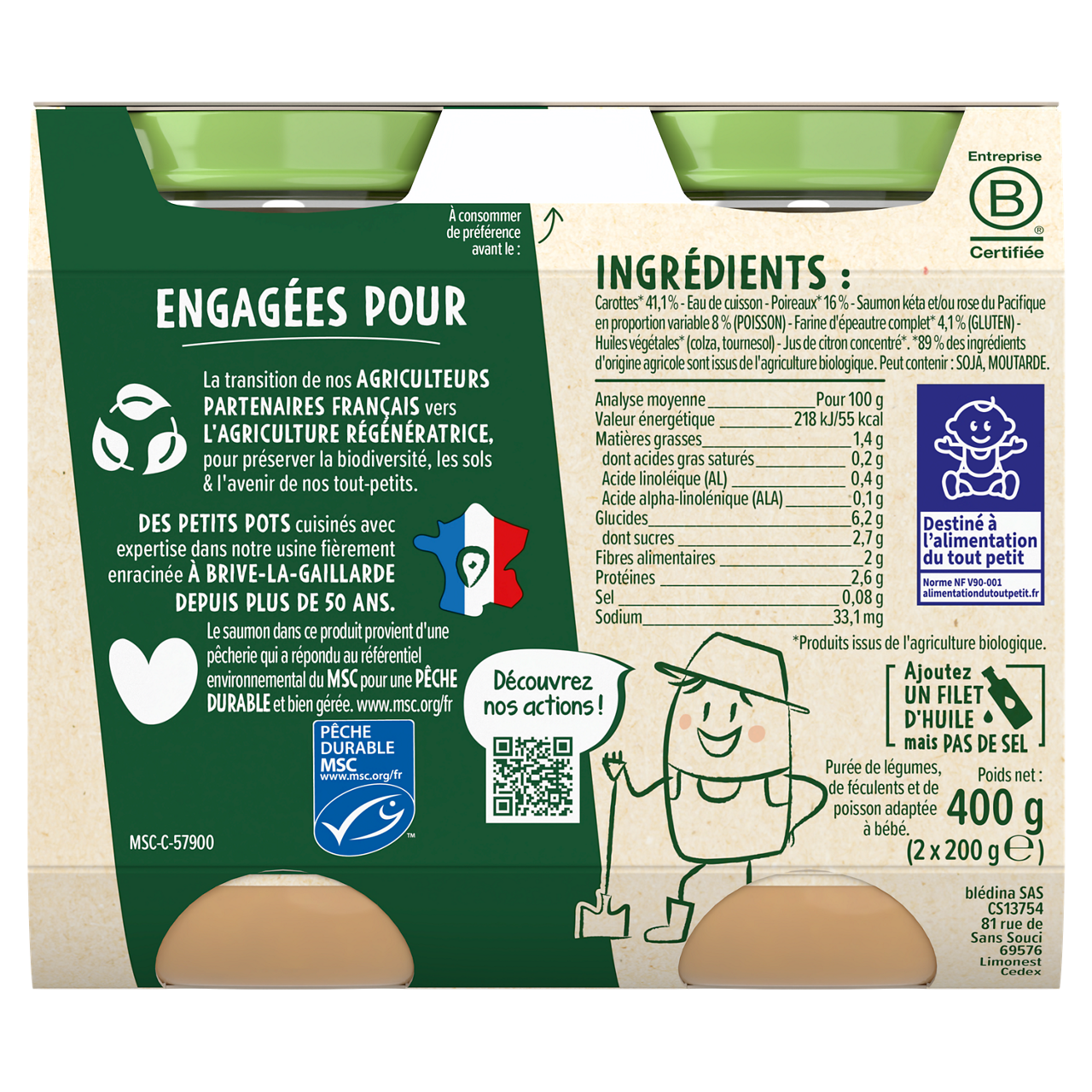 Blédina-Les récoltes bio-Carrot Leek Spelt Salmon-6m+-400 g