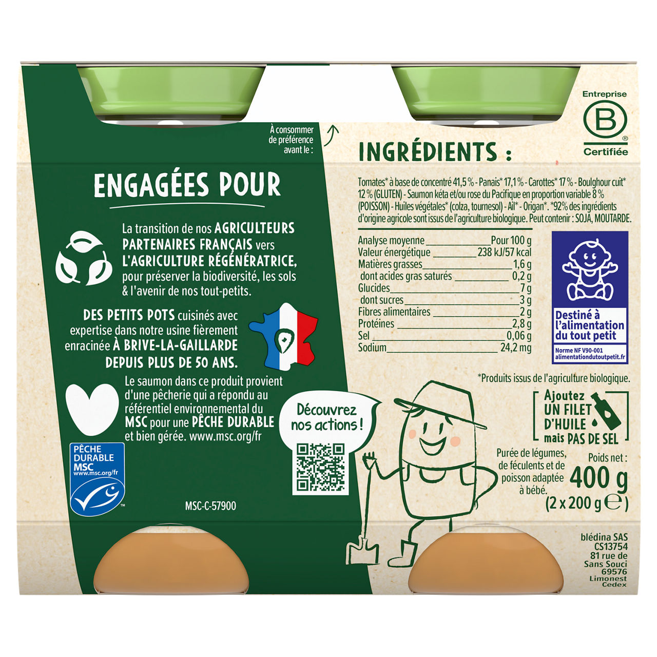 Blédina-Les récoltes bio-Tomato Bulgur Salmon-6m+-400 g