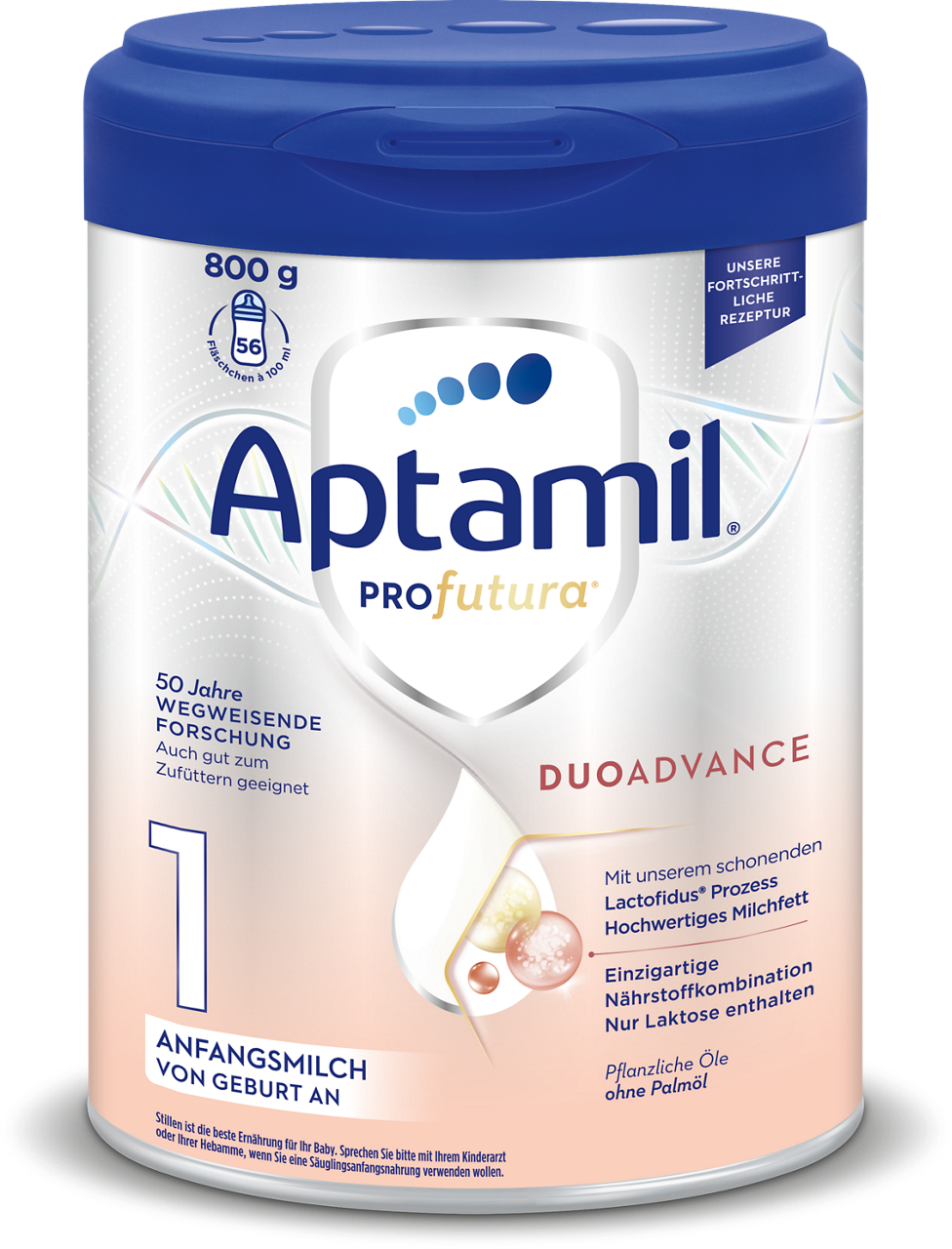 Die 800g-Dose Aptamil Profutura 1 Anfangsmilch von Geburt an enthält einzigartige Nährstoffkombination ohne Palmöl.