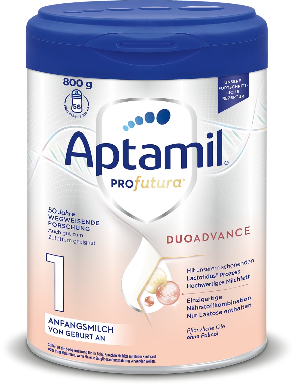 Die 800g-Dose Aptamil Profutura 1 Anfangsmilch von Geburt an enthält einzigartige Nährstoffkombination ohne Palmöl.