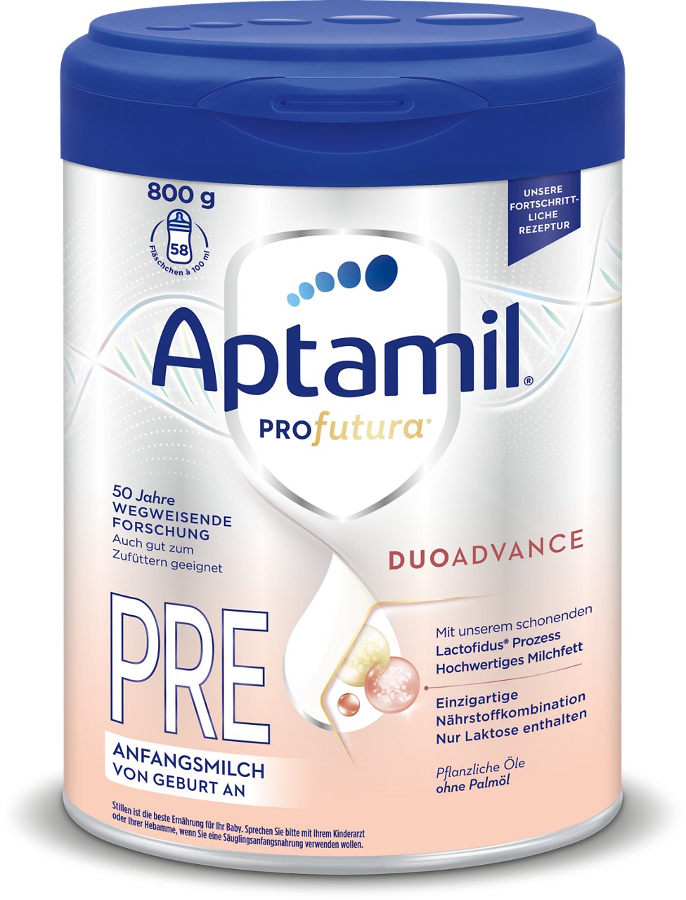 Aptamil Profutura Duoadvance PRE Anfangsmilch 800g mit Infos zur Rezeptur, Nährstoffen und Eignung ab Geburt.