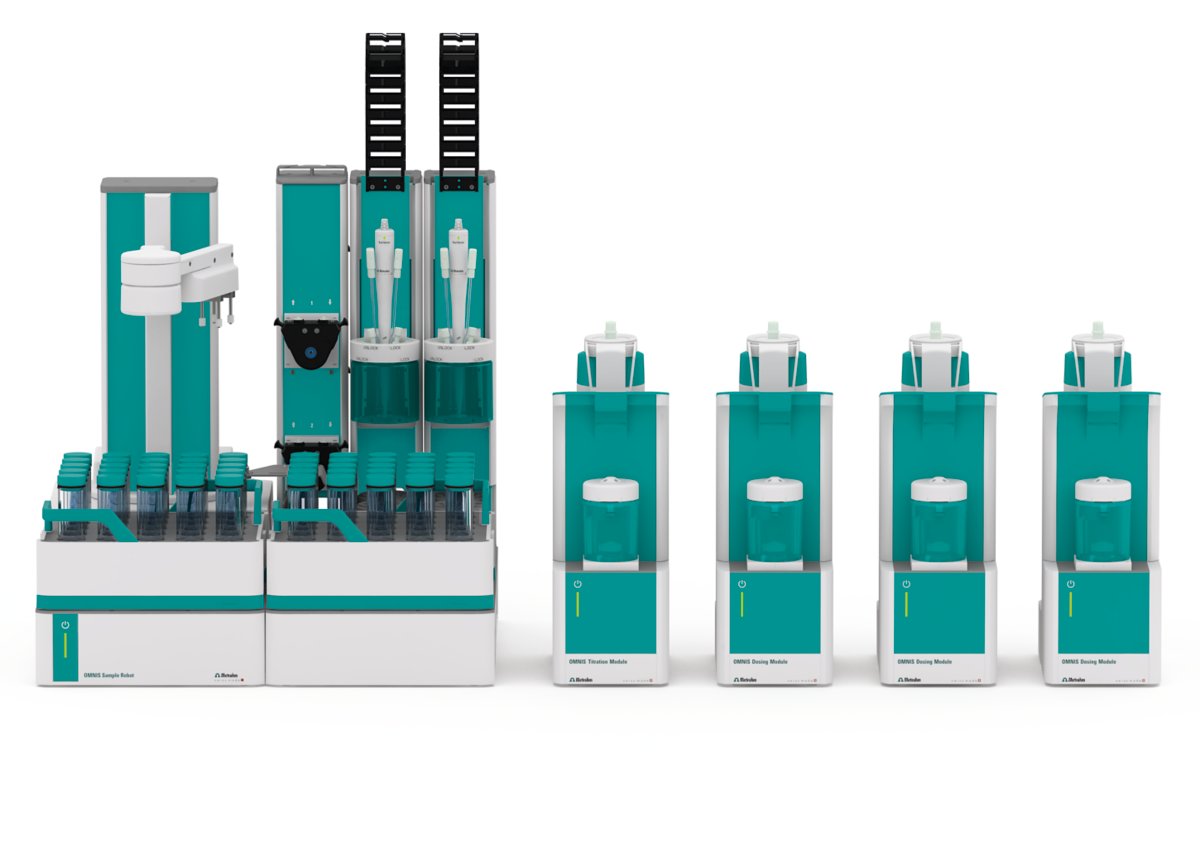 OMNIS Sample Robot S mit Pumpenmodul, 2 WS und 75 mL Rack mit Deckeln und Deckelablage, 1 Titrator, 3 Dosiermodule, Stabr�hrer, Frontansicht