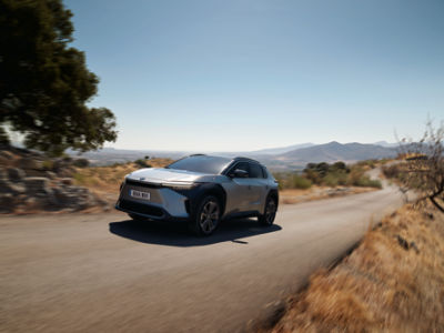 Toyota bZ4X driving on open road